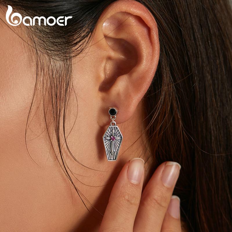 BAMOER 925 Sterling Silver Exquisite Original Hexagonal Shape Cross Embossed Earrings for Women Fine Jewelry