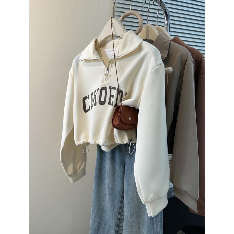 Short waist sweater women's autumn thin loose and thin half-zipper Plo collar printed top