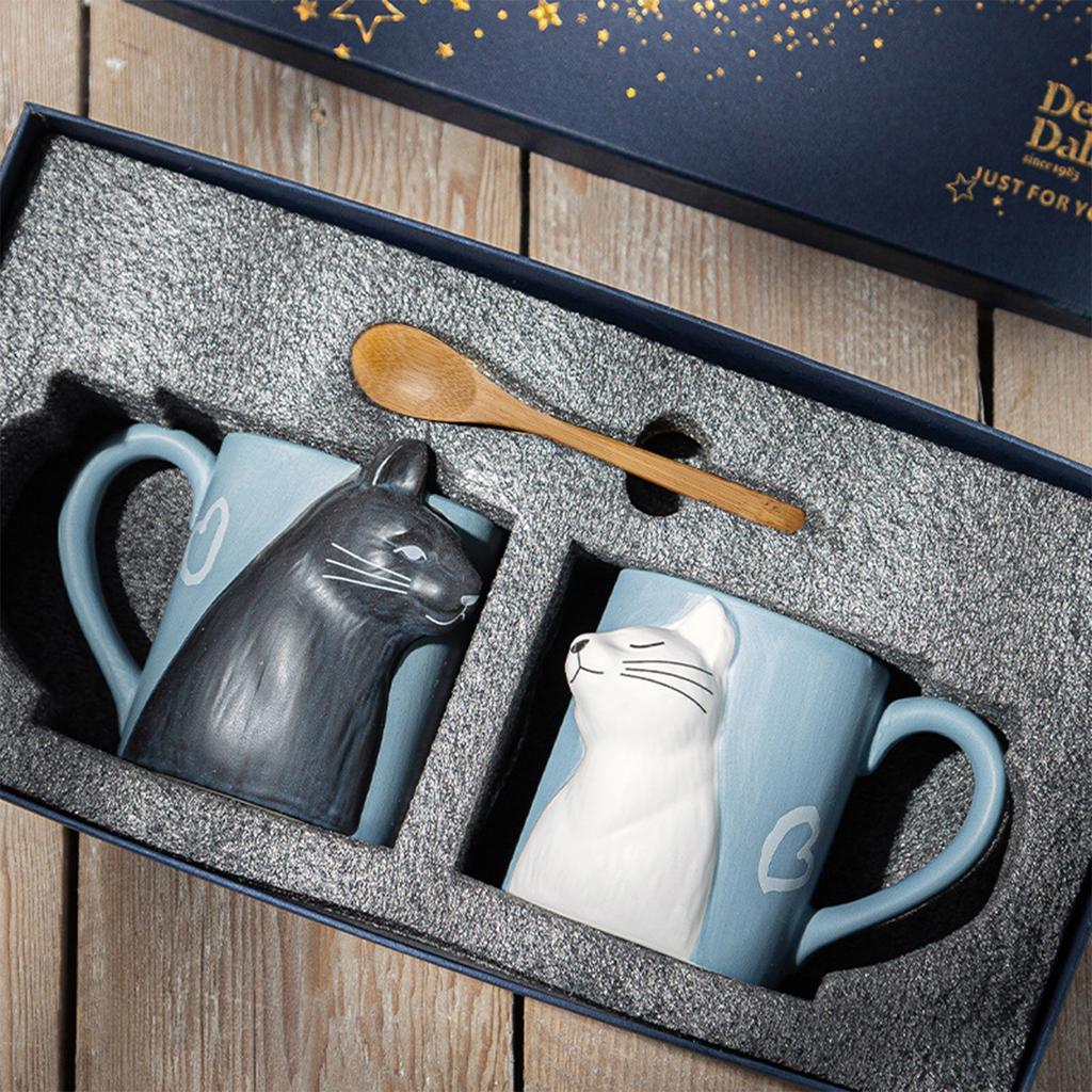 Couple Cat Mugs Gift Set, Ceramic Coffee Cups, Cute Birthday Present with Gift Box