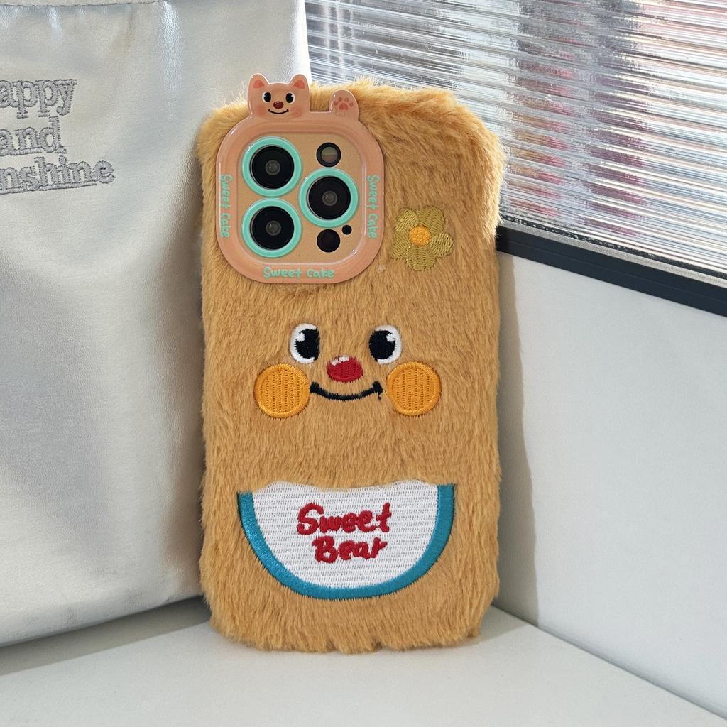 New Cartoon Cute Embroidered Bear Plush Phone Case for iPhone 16 Pro Max Fall Winter Warm Plush Phone Case