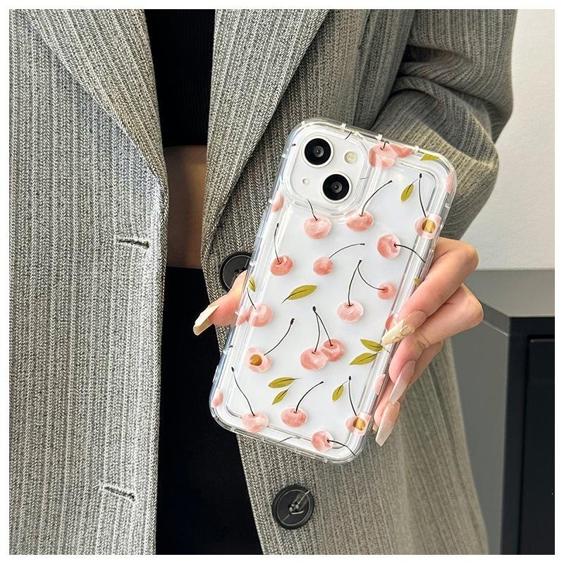 Pink Cherry Is Suitable for iPhone15promax Mobile Phone Case, Transparent and Simple Apple 14 Anti-drop Soft Case, New 13.