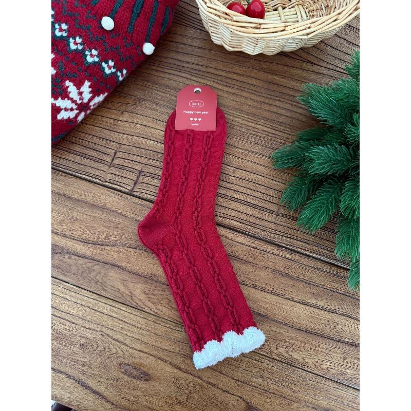 New Year's Festive Red Socks for Women, Autumn and Winter, with Twisted Fleece Balls, Snowflakes, Warm and Comfortable Rabbit Fleece Pile Socks
