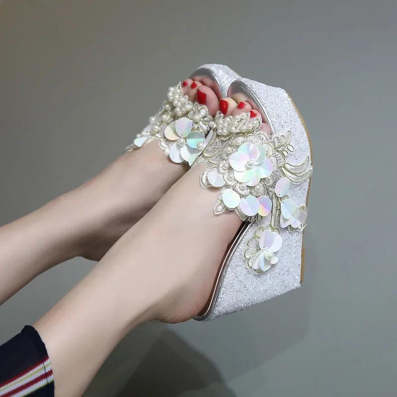 Fashion Comemore Women Fashion Silver High Heels Female Gold Shoes Slippers Footwear for Woman New Summer Flower Platform Wedges Sandals