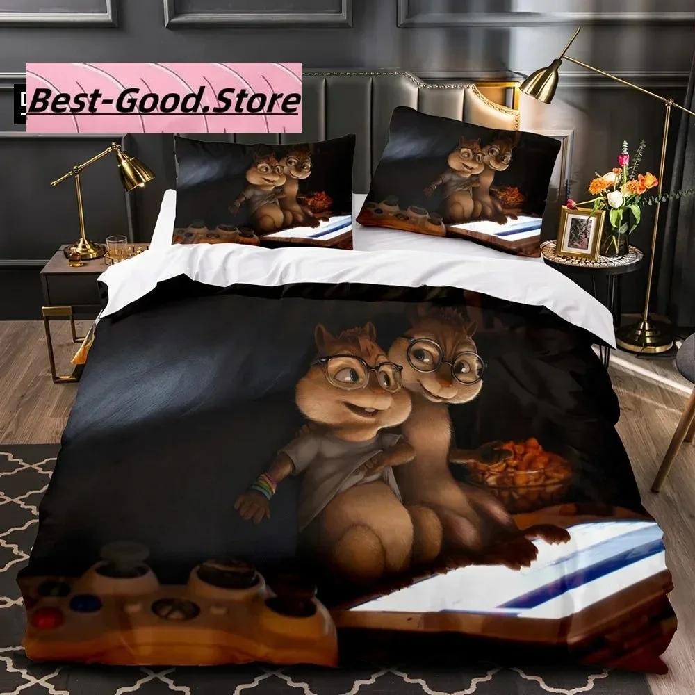 3D Kreslený C-Chipmunk A-Alvin Ložní Sada Tištěná Ložní Sada s Povlakem na Polštář Přikrývka na Postel Jednolůžko Dvoulůžko Queen Super King Size