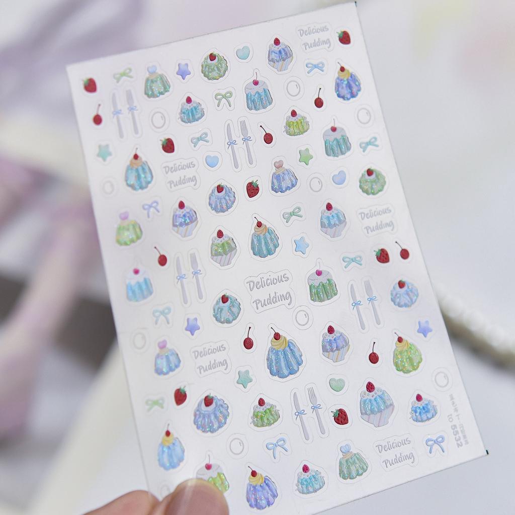 5D Pink Blue Bear Dessert Cake Pudding Candy Cane English Slogan Nail Art Stickers Cute Baby Bear Party Embossed Decals