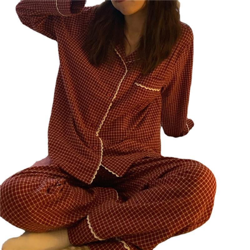 2024 Dámské pyžamo s klopou v korejském stylu: Jarní/Podzimní dlouhý rukáv a kalhoty pro elegantní domácí oblečení