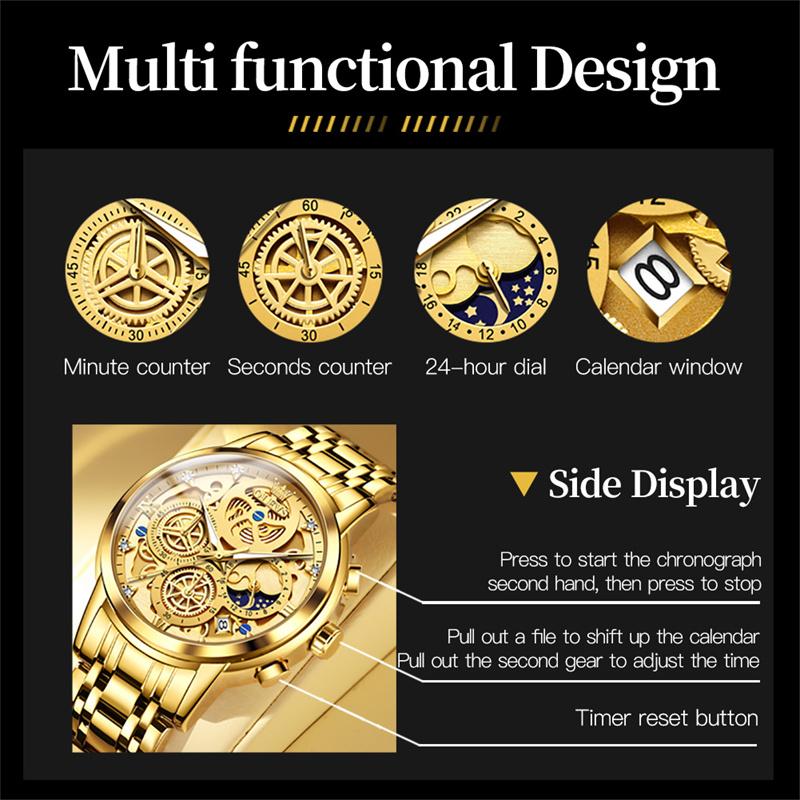 OLEVS Luxury Gold Steel Watch Men Luminous Moon Phase High Quality Sports Watches Imitation Mechanical Style Male Wrist Watch