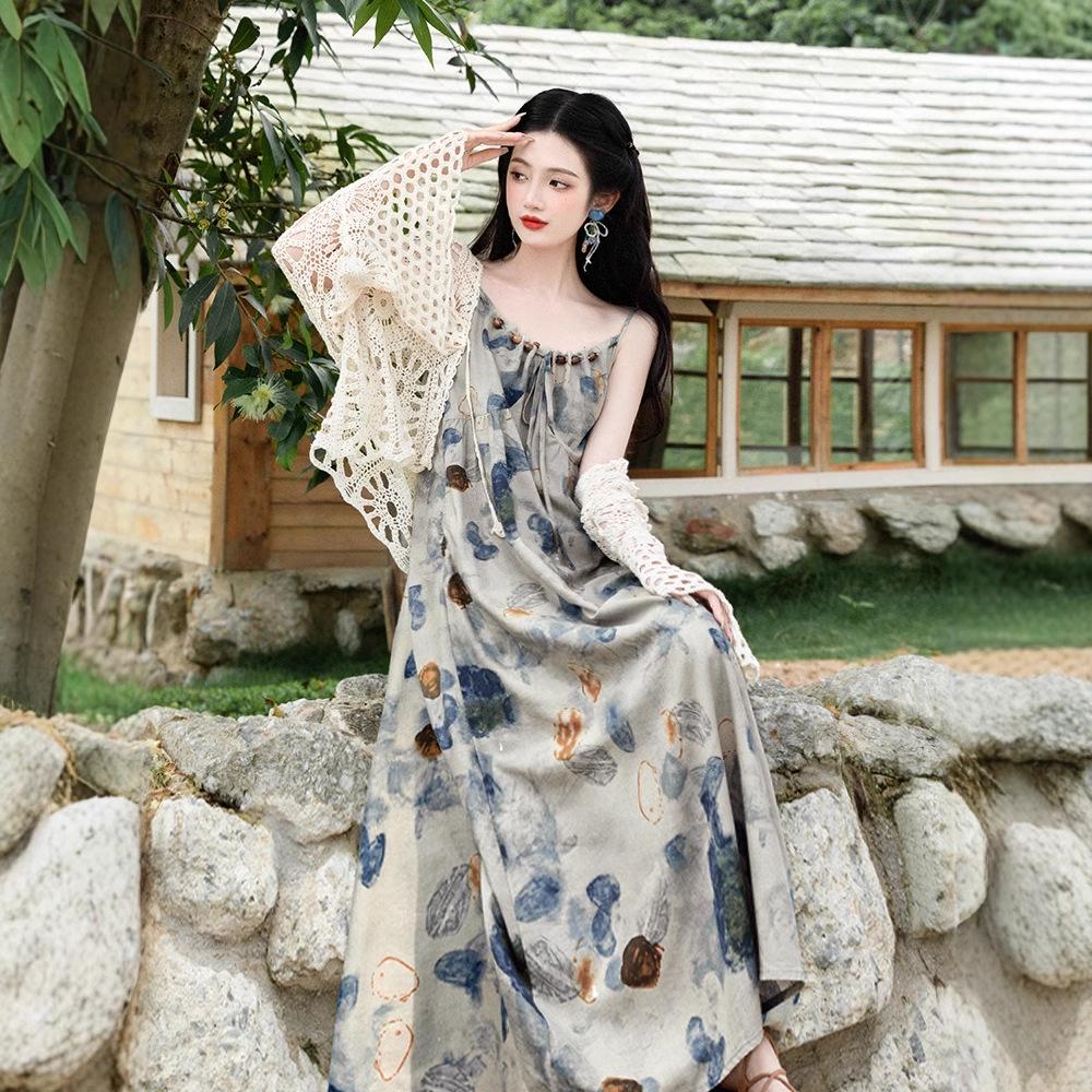 

Elegant Ethnic Style Camisole Dress for Spring/Summer Seaside Vacations Small