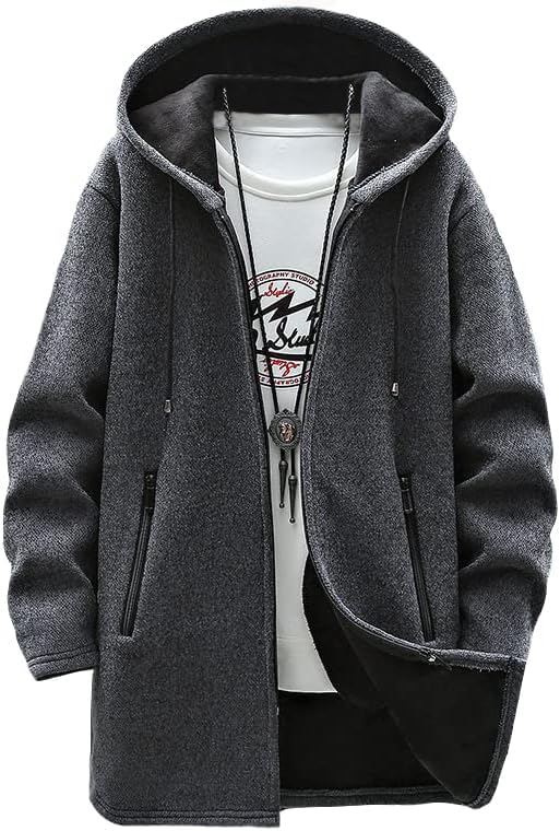 Bench Long Hooded Plus Loose Fleece Warm Solid Dark Grey [foveitaa] Men's Cardigan, Autumn/Winter Jacket, Coat, Parka, Zip-Up Sweater, Sizes, Fit,