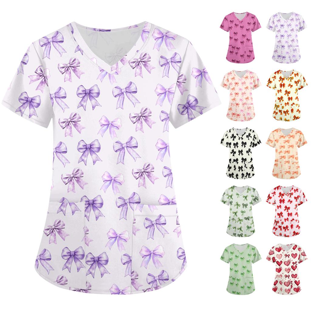 Women's Cute Bow Printed Work Clothes V-neck Double Layer Pockets Basic Short Sleeve Top Pullover