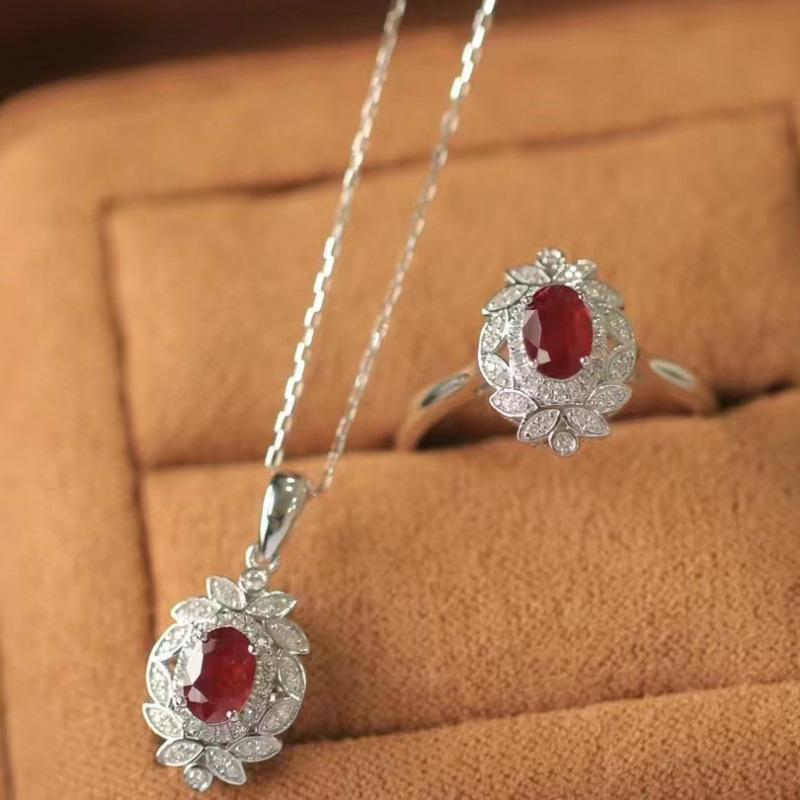 Gemstone Set: Red Zircon Necklace, Versatile Ring, Luxury Stud Earrings