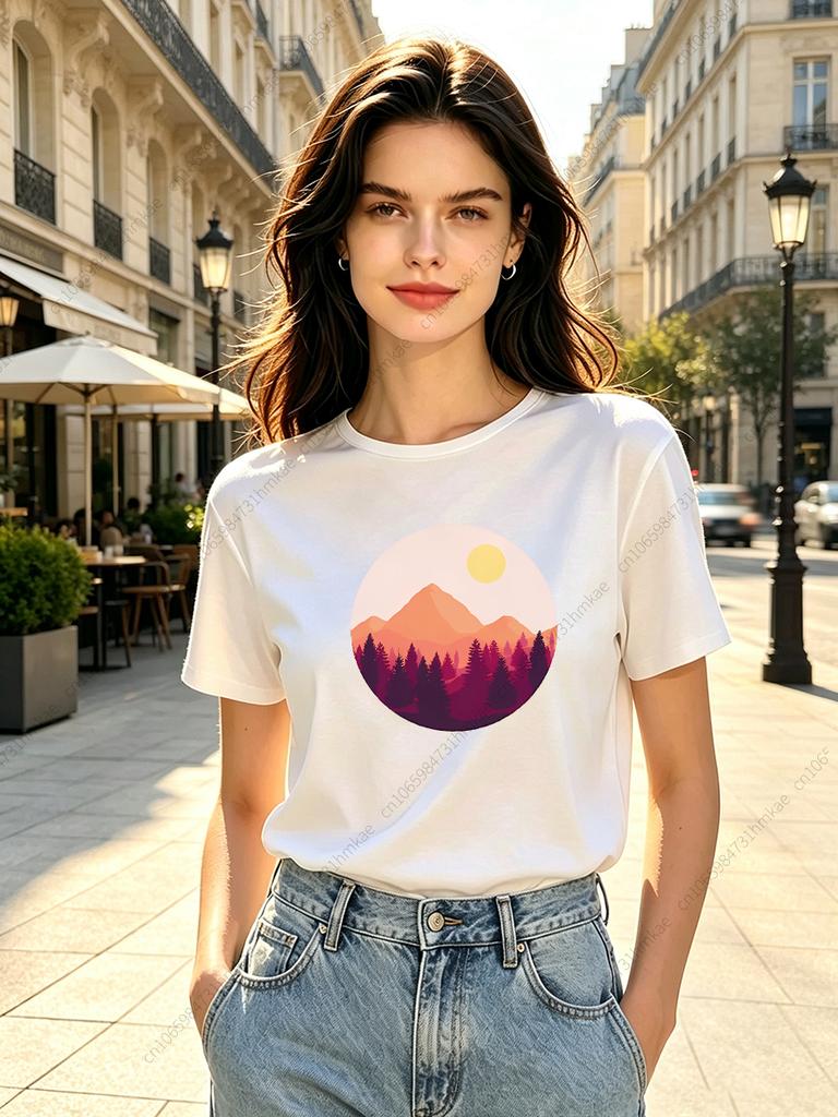 1pcs Natural View Unisex Tshirts For Girls Funny Mountain Scenery Printing Short T Shirts For Unisex Tshirts Lady Tops Tees