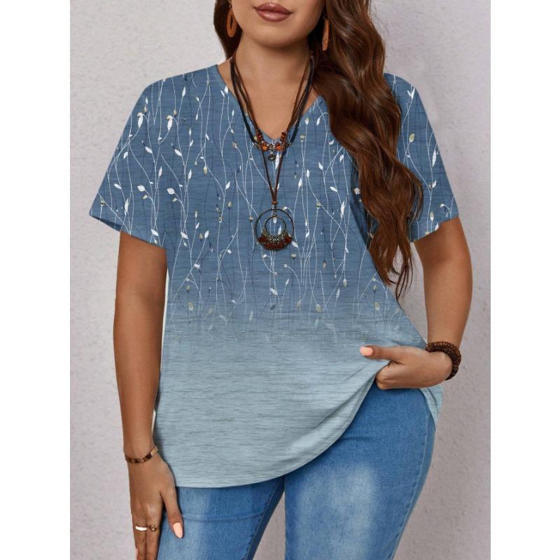 Summer V-neck Flower Pattern 3D Printed Top Fashionable Casual Short Sleeved Women's T-shirts