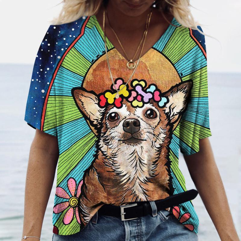 Încântător Harajuku tricou pentru femei grafic drăguț desene animate cu decolteu în V câine imprimeu 3D curți mari Topuri cu mânecă scurtă de vară doamnelor mărime asiatică