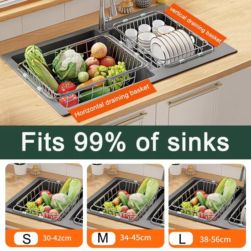 Adjustable Drain Baskte Stainless Steel Sink Tableware Rack Kitchen Fruit Drainer Expandable Vegetable Washing Basin Dish Rack