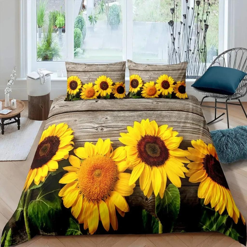 Sunflower Duvet Cover Set,Romantic Flowers On Old Fashioned Letters Postcards Newspapers,girls Sunflower Vintage Bedding Sets