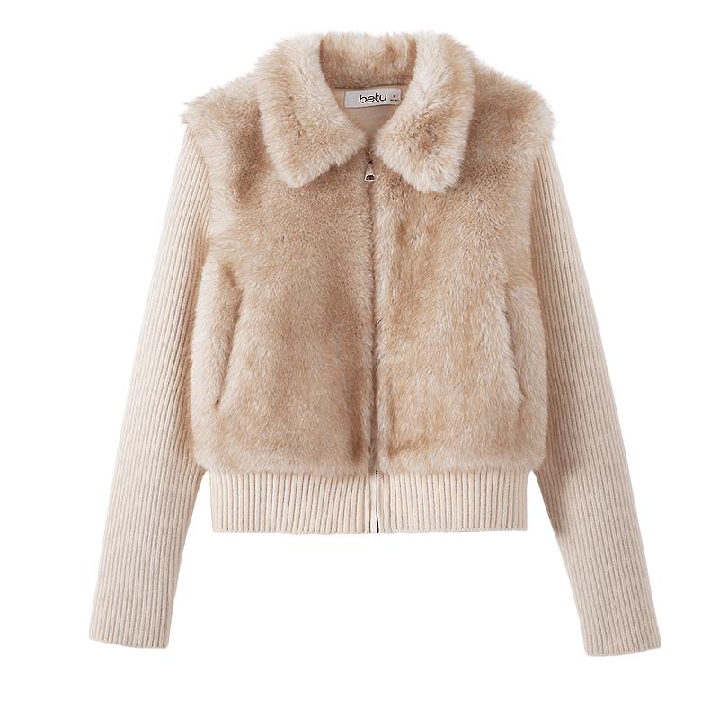 Betu Women's Faux Fur Panel Knit Zip-Up Jacket