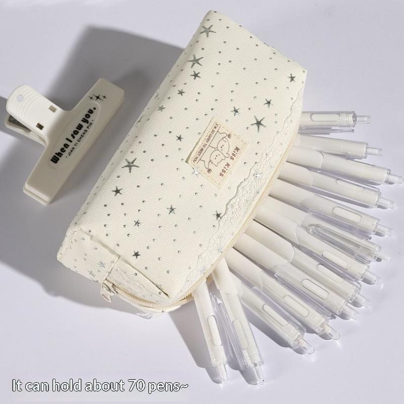Cute Star Print Canvas Pencil Case Lace Trim Pen Bag Kawaii Cat Label Stationery Pouch For Student