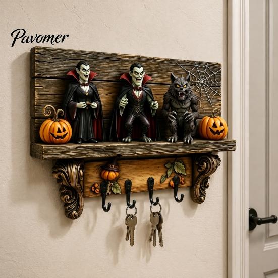 Halloween Themed Wall Art Key Holder, Wooden Lady Ghost Holder with 4 Hooks, Decorative for Mounted Spooky Rack Organizer Entryway Hallway Home Decor