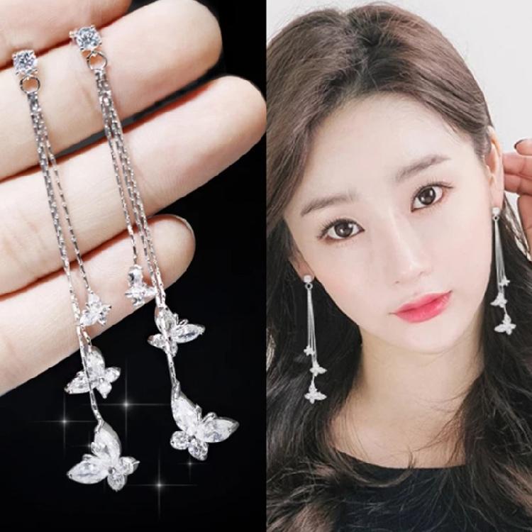 Shimmering Tassels Earrings Featuring 3 Crystal Butterflies Allergy Resistant Zinc Alloy Jewelry For Gift Giving