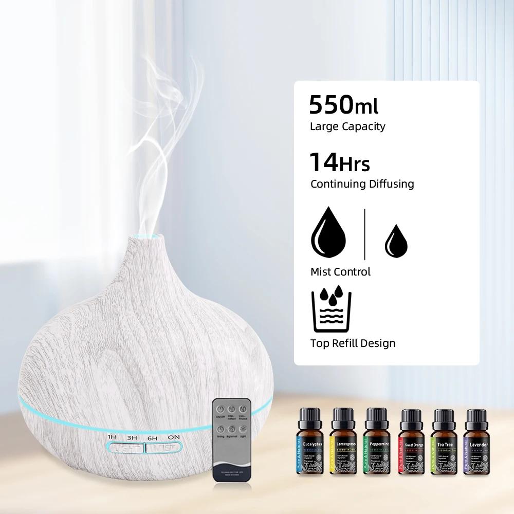 Diffuser For Home 550ml Wood Grain Ultrasonic Essential Oil Diffuser with Remote Control   6 Premium Oils Included  Smart Air Pu
