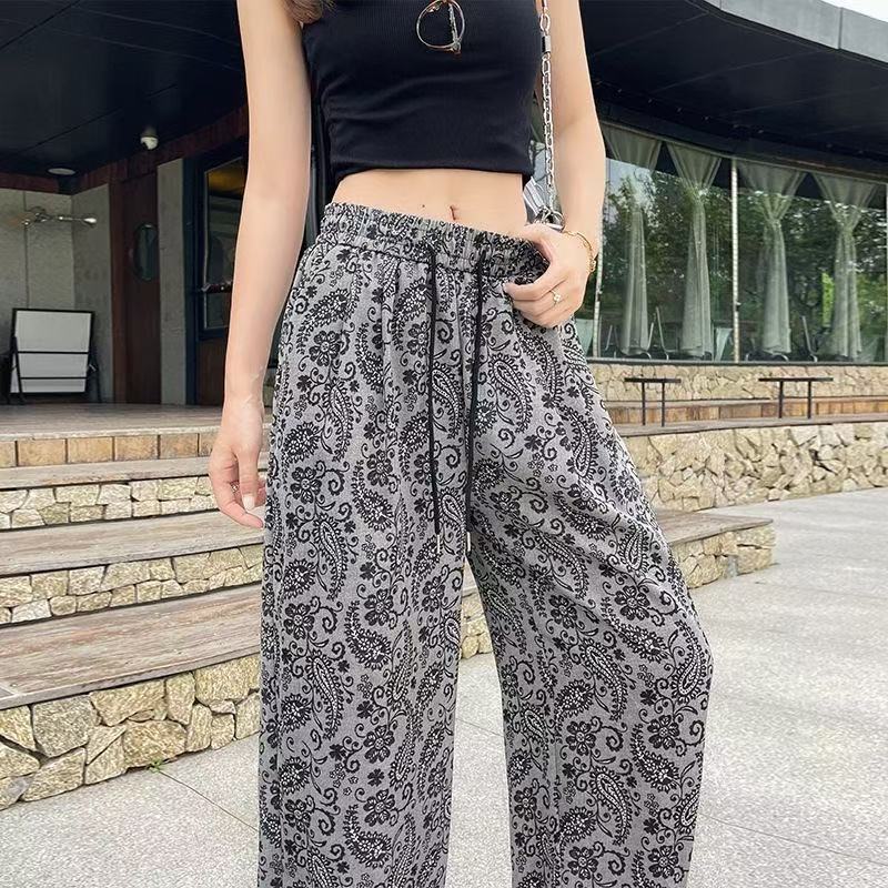 Retro Jacquard Wide Leg  Women New Summer Collection Lazy High Waisted Drape Loose Straight Leg Slim Pants