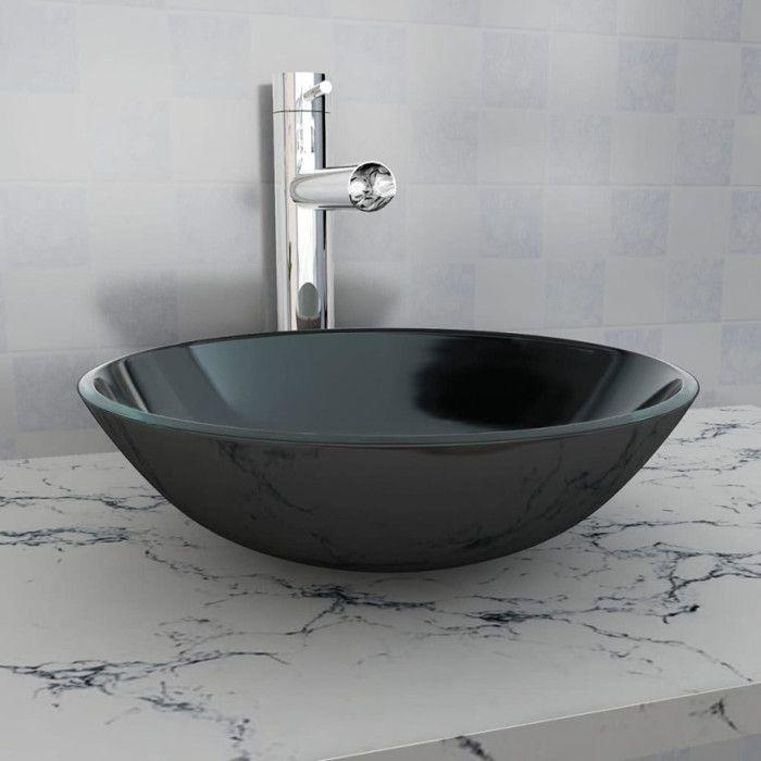 VidaXL Lavabo Verre Trempé Noir Lavabo Vasque Evier à Poser Salle de Bain 142231