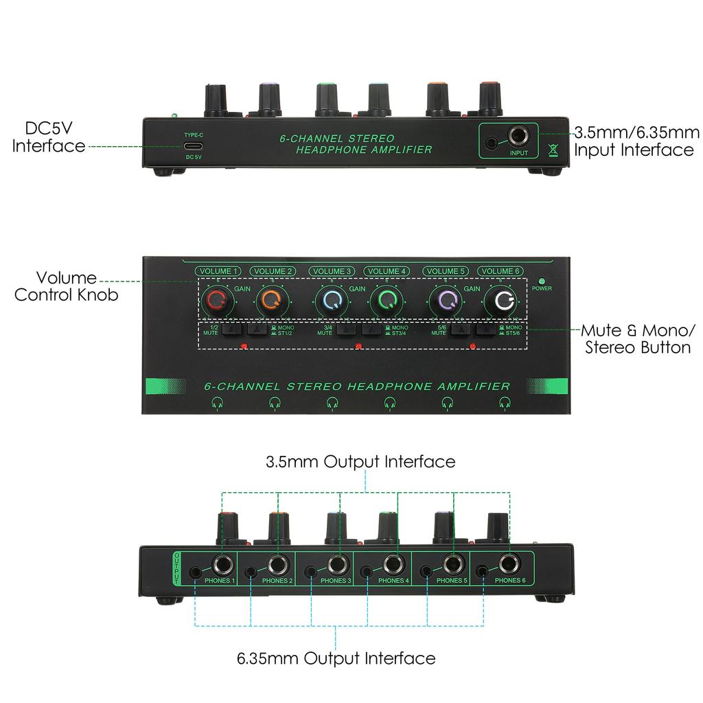 Headphone Amplifier 6 Channel Metal Stereo Amplifier for Recording Room