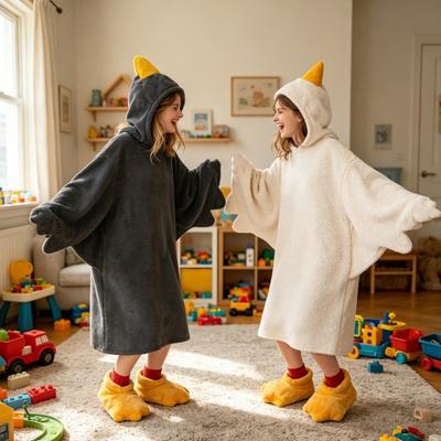 1 Set Hanorac Pătură Gâscă, Set Pijamale Unisex cu Desene Animate, Body Supradimensionat Moale și Călduros cu Design Cioc Galben, Îmbrăcăminte de Noapte pentru Petreceri de Iarnă pentru Adulți și Copii