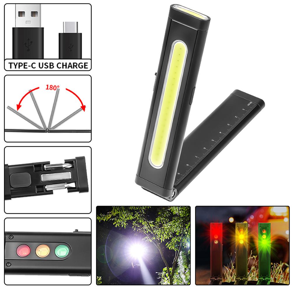 Mini LED Flashlight USB-C Rechargeable with Ruler, Work Tool Multi-Source Magnetic Hidden Screwdriver Kit, Light O5G3