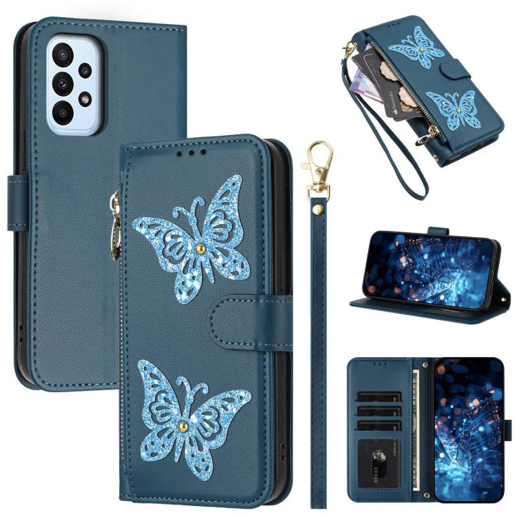 Glitzer Schmetterling Reißverschluss Veganes Leder Handyhülle Für Galaxy A07 4G / A06 5G / A06 4G, Kartenhalter Handgelenkschlaufe Stoßfeste Hülle