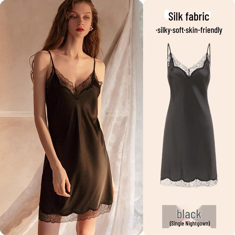 Camisón de Encaje de Seda de Hielo de Alta Gama Verano 2025 para Mujer - Estilo Puro Deseo con Almohadilla en el Pecho, Talla Grande Disponible