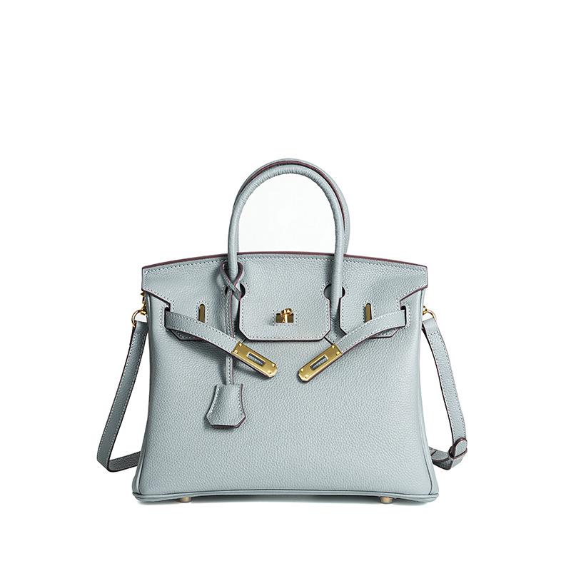 Wax Thread Lychee Grain Cowhide Leather Handbag with Lock Buckle - Women's Platinum Grade Purse