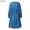 ZANZEA Women Casual V-Neck Loose 3/4 Sleeve Stripe Dress
