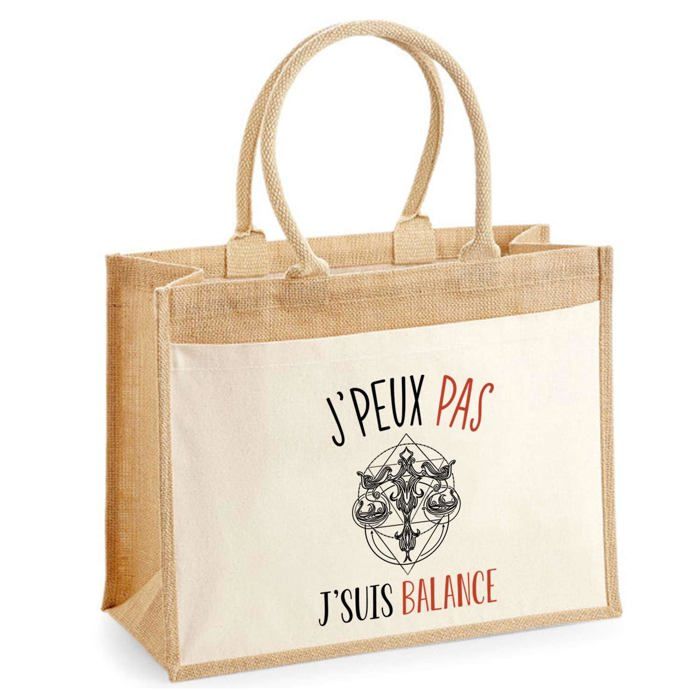Sac de plage - PLANETEE - Jute avec poche Signe Balance Astrologie "J'peux pas" - Coton - 43x33 cm - Imprimé en France