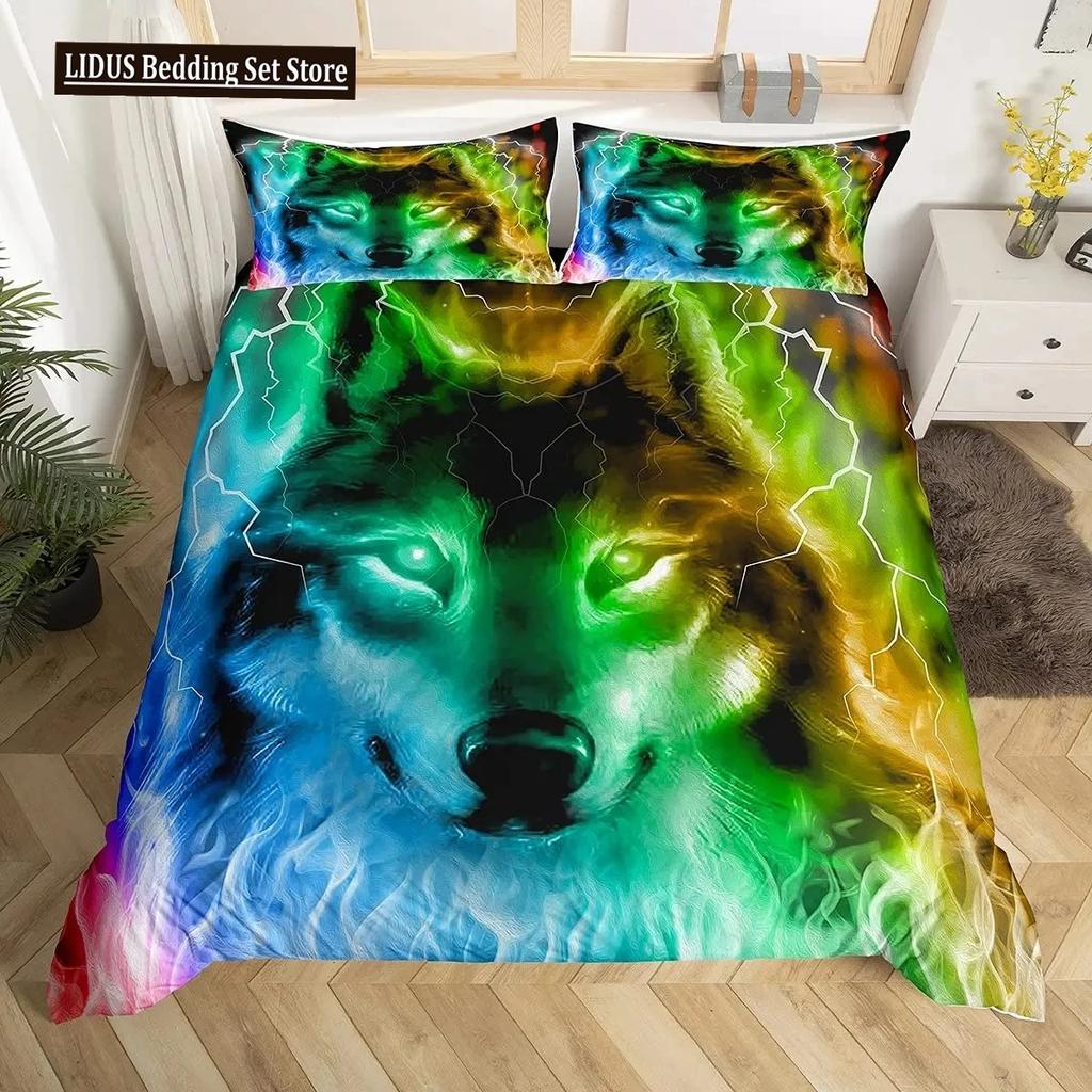 Boys Wolf Duvet Cover Set Queen Size, Boho Wolf Wildlife Animal Bedding Set Men Galaxy Dream Catcher Moon Polyester Quilt Cover