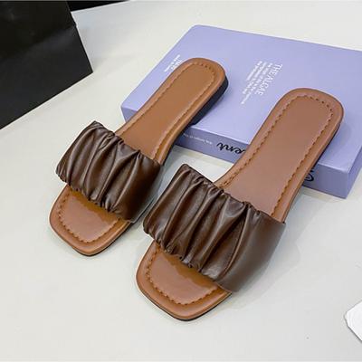 Summer Slippers for Women Pleated Flip Flops Flats 2024 New Korean Slippers Women Sandals Green Slip On Shoes Big Size 36-43