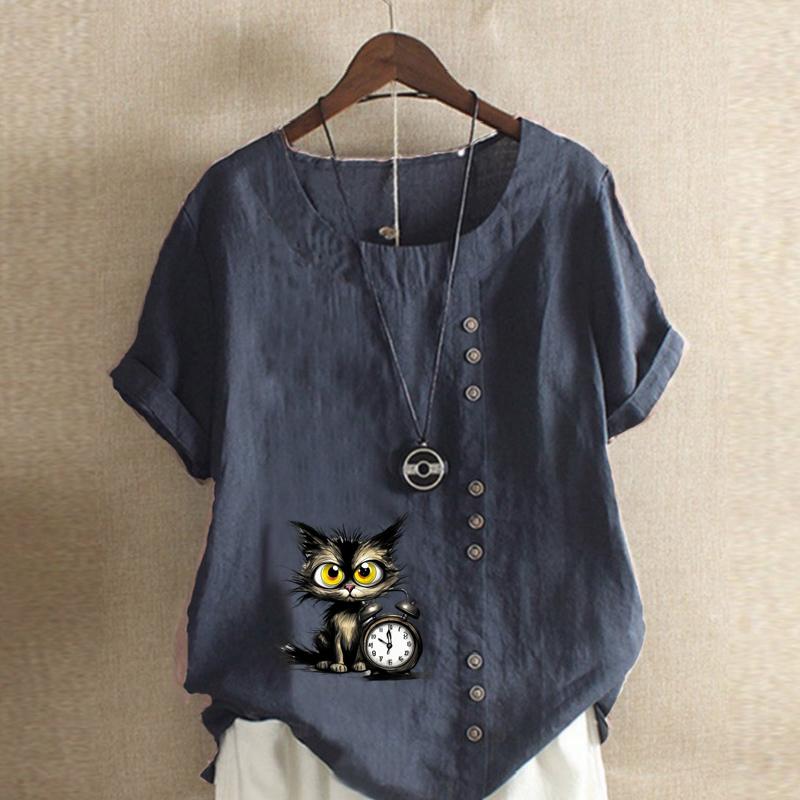 Women's Fashion Alarm Clock Black Cat Prined Short Sleeve T-shirt Loose Cotton Shirt Casual Loose Summer Blouse Tops Plus Size