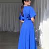 Women's Solid Color Fashionable Round Neck Short Sleeved Dress with Waist Belt and Slim Fit Long Skirt
