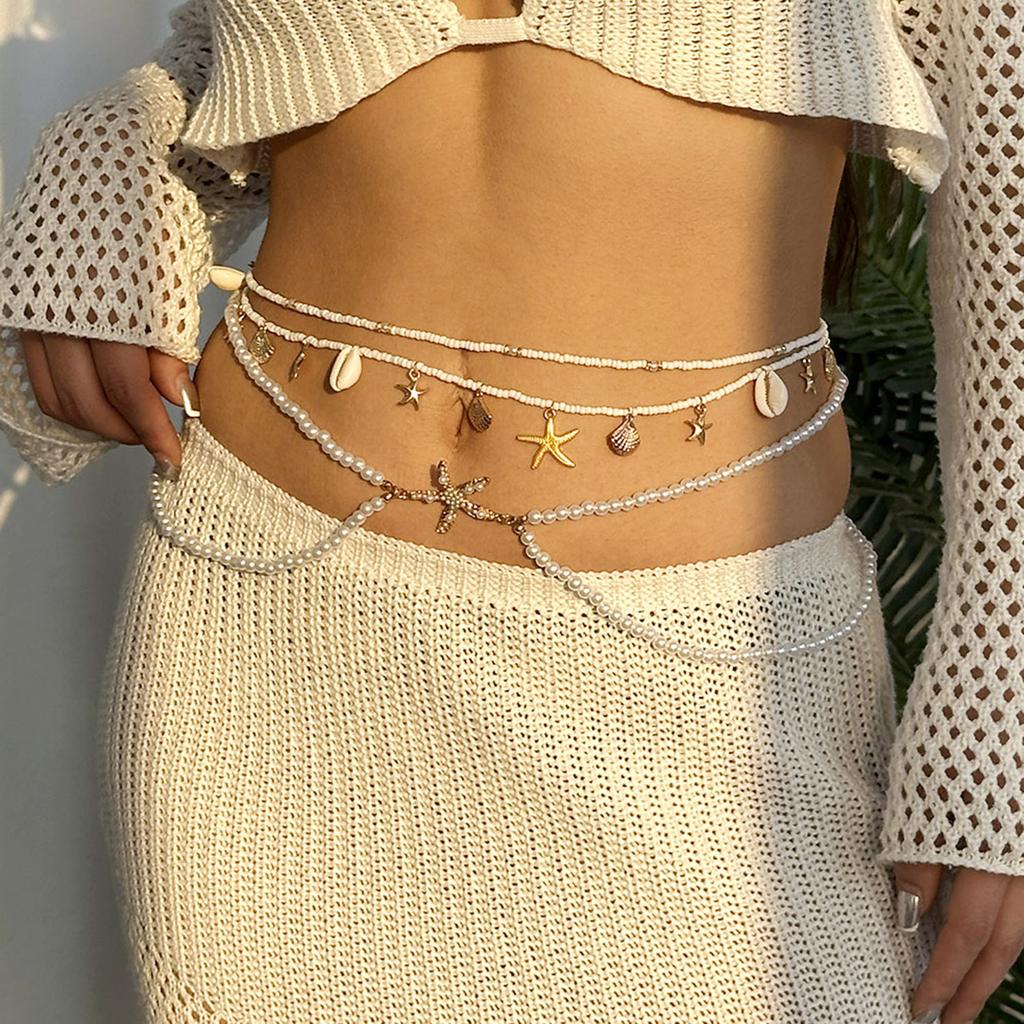 Boho Sexy Fashion Layered Tassel Starfish Waist Belly Chain For Womem Beach Sea Conch Shell Pearl Belt Chains Bikini Jewelry