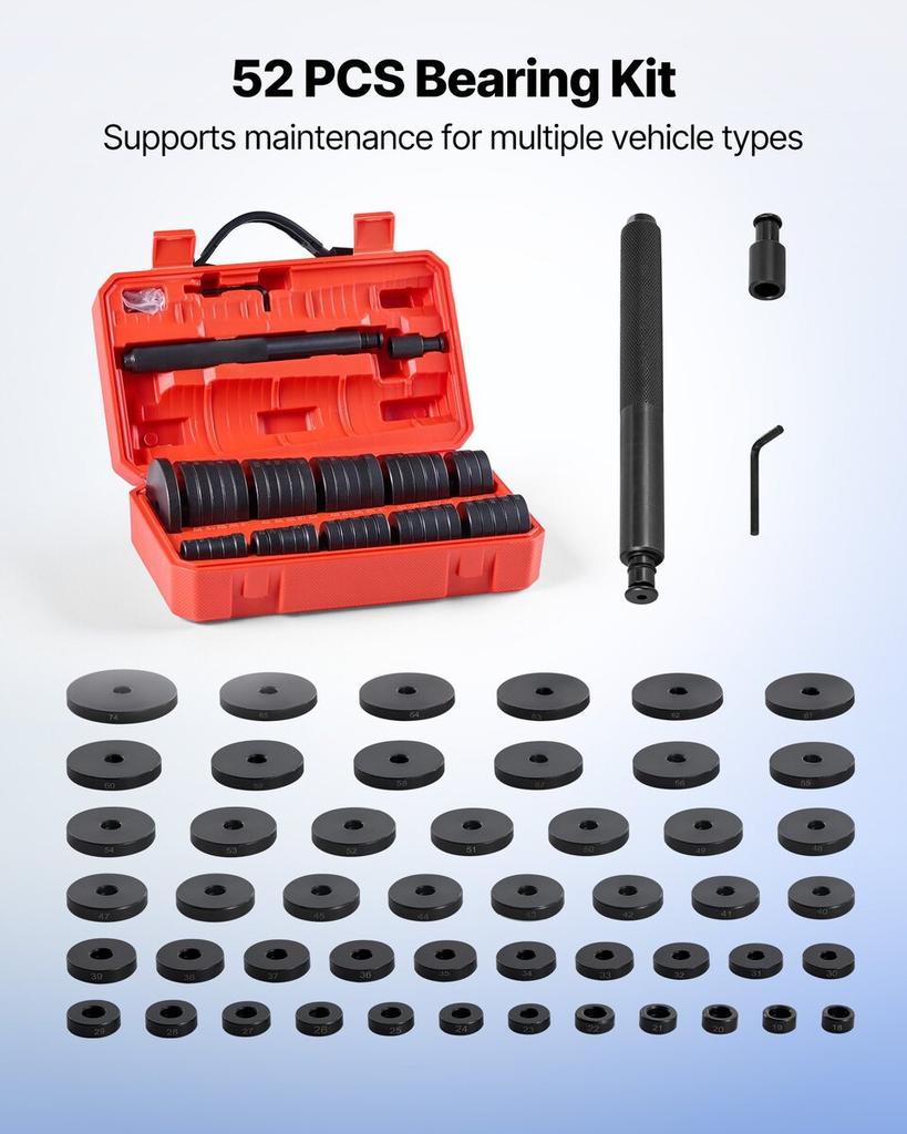 Bearing Press Kit, 52 Pcs, Bearing Race and Seal Driver Set with 49 Bushings and Handle Shaft, Bushing Driver Tool Set, Heavy Duty Carbon Steel