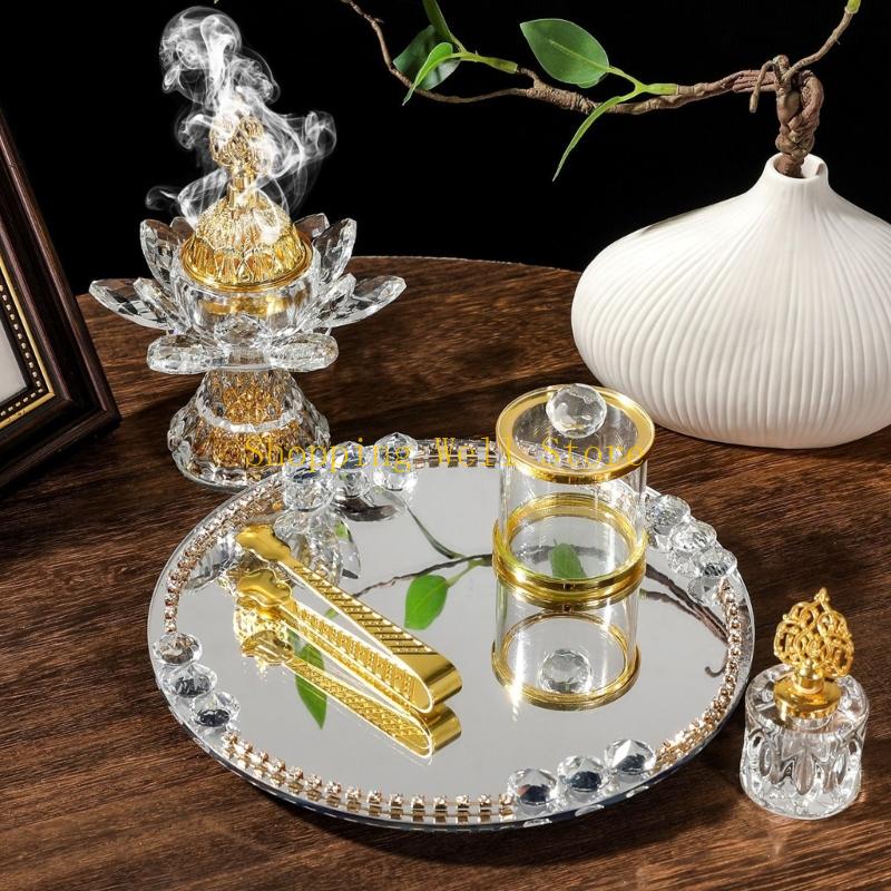 KX4B Glass Incenses Holder Set Arabic Decors Mirrored Serving Tray Storage Jar Meditations Tool For Ramadans Celebration