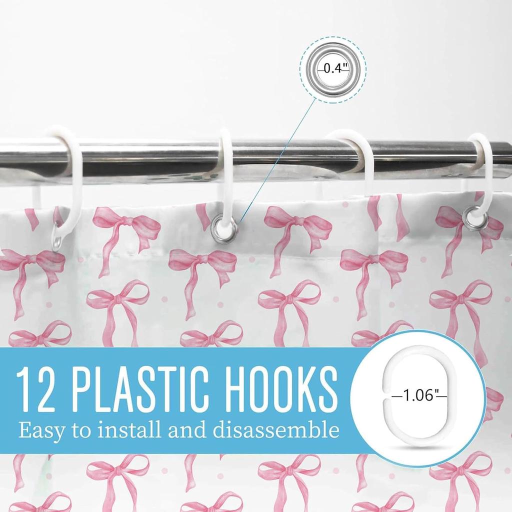 Cute Shower Curtain Set Pink&Black Bowknot 3D Printed Waterproof Polyester Fabric Bath Curtains Home Bathroom Decor With 12 Hook