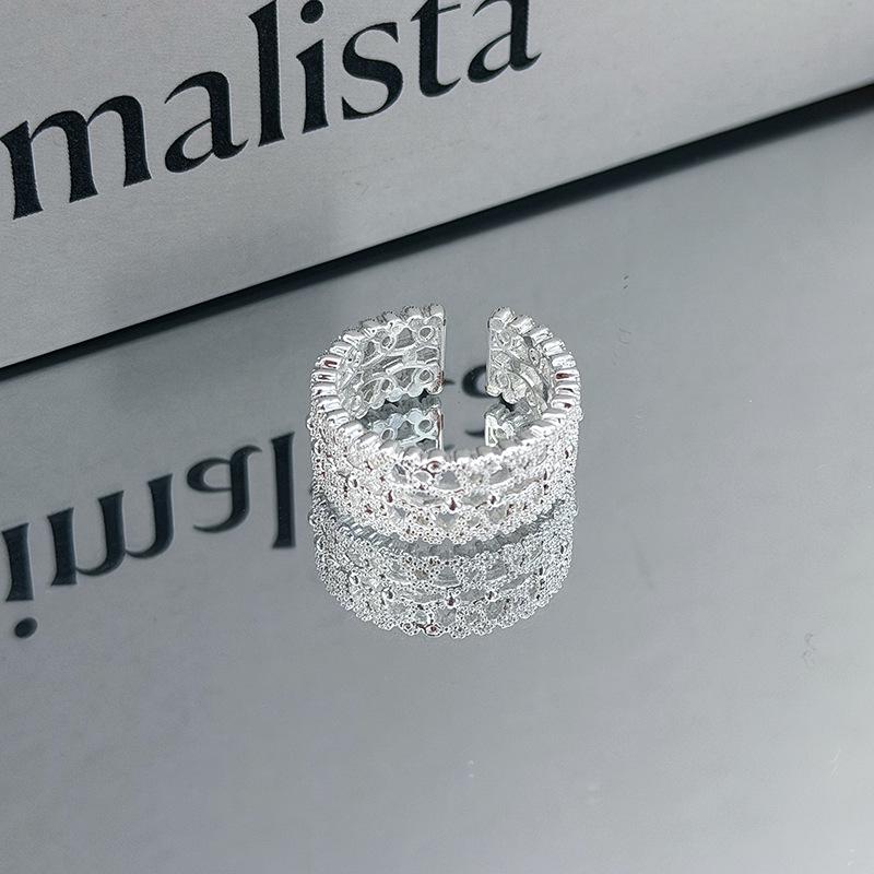 Легкая Роскошь Великолепное Полностью Алмазное Полое Ретро Гравированное Открытое Кольцо Геометрический Узор Кольцо для Нанизывания Нишевое Высококлассное Кольцо Женское Adjustable opening