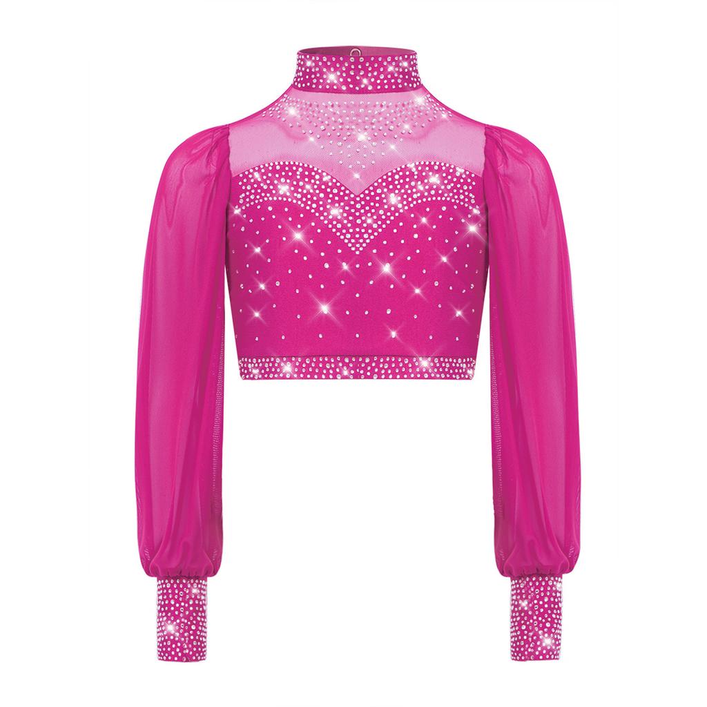 Mädchen Mesh Tanztop Langarm Stehkragen Ausschnitt Rücken Strass Crop Top für Lyrische Ballett Aufführung