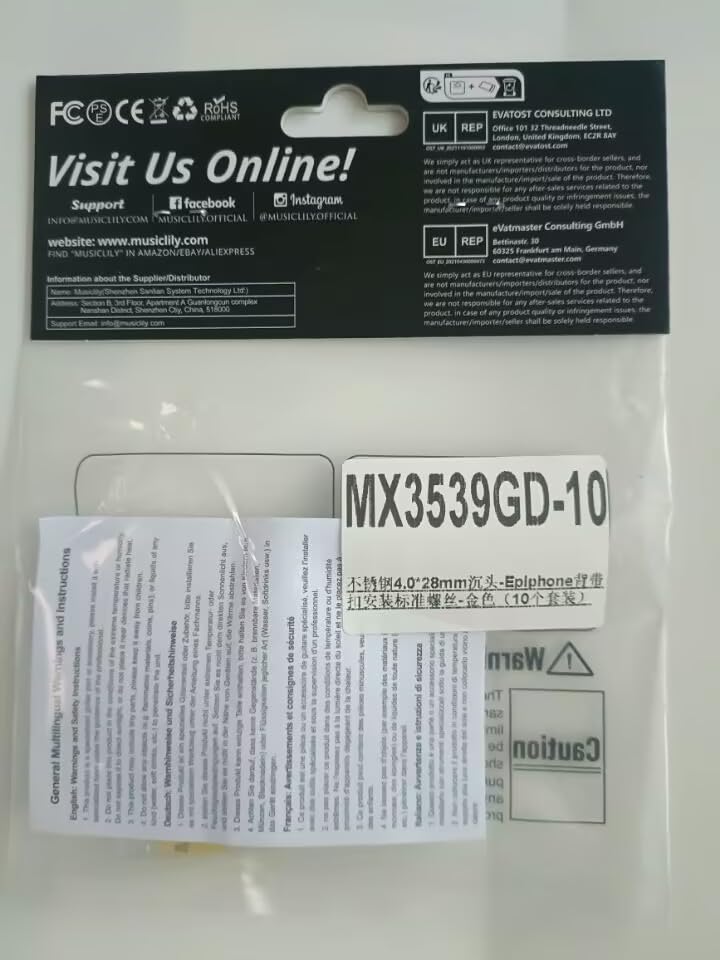 Musiclily Ultra 4x28mm Stainless Steel Strap Pins, Screws, Round Head Screws for Epi Electric Guitars, Gold (Pack of 10)