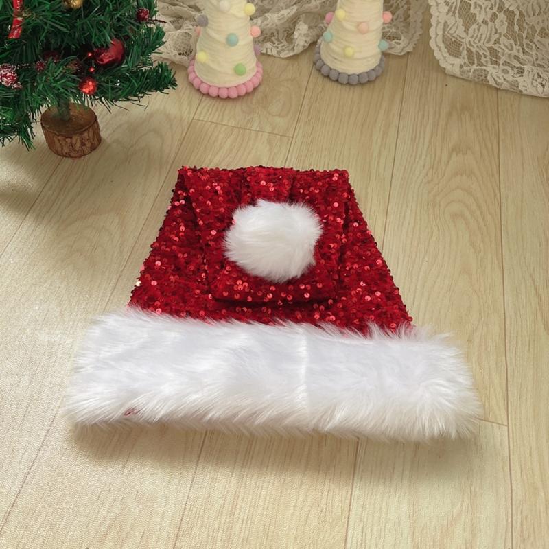 Adult Santa Hat with Sequins Thicken Plush for Holiday Comfort Liner Christmas New Year Symbol Cap with White Brim