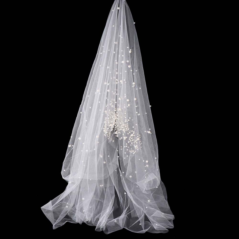 Vintage Pearls Tulle Bridal Veil Pearls Wedding veil Elegant Waist Length Drop Veil  Wedding Dress