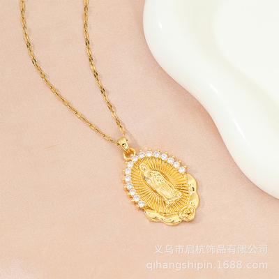 . Oval Necklace Women'S Vintage Court Style Versatile Diamond Virgin Mary Pendant Ornament