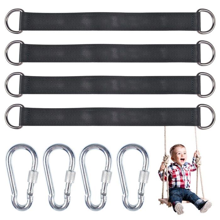 Kit 4 sangles de suspension pour balançoire avec 4 mousquetons et anneaux en D – polyester, charge 150 kg